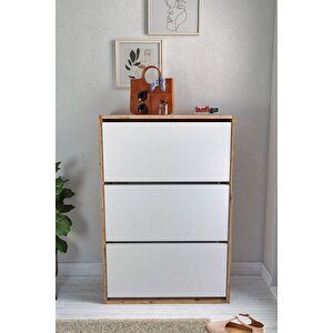 Düşer Kapak Ayakkabılık Kayar Raflı Ayakkabılık 3 Bölmeli Ayakkabılık Melek Çam-beyaz