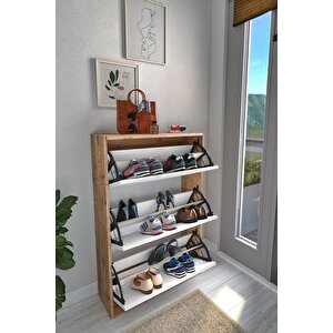 Bofigo Düşer Kapak Ayakkabılık Kayar Raflı Ayakkabılık 3 Bölmeli Ayakkabılık Melek Çam-beyaz