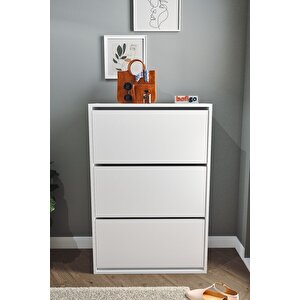 Düşer Kapak Ayakkabılık Kayar Raflı Ayakkabılık 3 Bölmeli Ayakkabılık Melek Beyaz