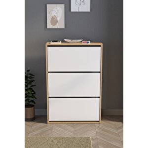 Düşer Kapak Ayakkabılık Kayar Raflı Ayakkabılık 3 Bölmeli Ayakkabılık Melek Safir Meşe Beyaz