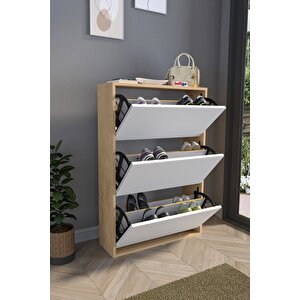 Düşer Kapak Ayakkabılık Kayar Raflı Ayakkabılık 3 Bölmeli Ayakkabılık Melek Safir Meşe Beyaz