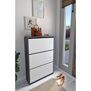 Düşer Kapak Ayakkabılık Kayar Raflı Ayakkabılık 3 Bölmeli Ayakkabılık Melek Antrasit-beyaz