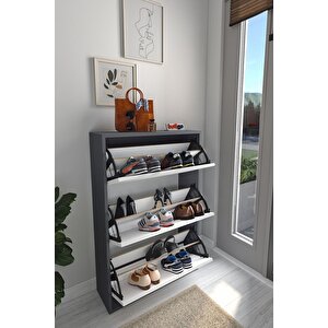 Düşer Kapak Ayakkabılık Kayar Raflı Ayakkabılık 3 Bölmeli Ayakkabılık Melek Antrasit-beyaz