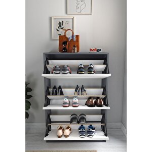 Düşer Kapak Ayakkabılık Kayar Raflı Ayakkabılık 3 Bölmeli Ayakkabılık Melek Antrasit-beyaz