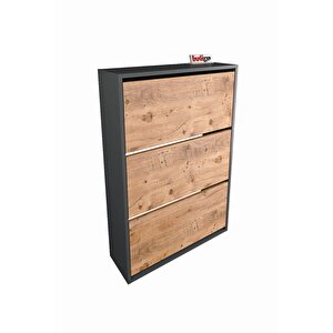 Bofigo Düşer Kapak Ayakkabılık Kayar Raflı Ayakkabılık 3 Bölmeli Ayakkabılık Melek Antrasit-çam