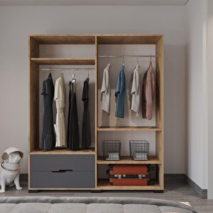Royal 4 Kapaklı Çekmeceli Full Antrasit Gardırop , Elbise Dolabı, Raflı Dolap, Kulpsuz