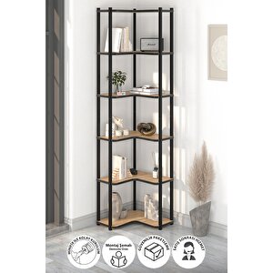 6 Raflı Kitaplık Dekoratif Kitaplık Metal Kitaplık Ofis Kitaplığı Aksesuar Rafı Sardes Safir Meşe