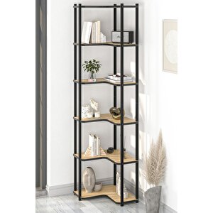 6 Raflı Kitaplık Dekoratif Kitaplık Metal Kitaplık Ofis Kitaplığı Aksesuar Rafı Sardes Safir Meşe