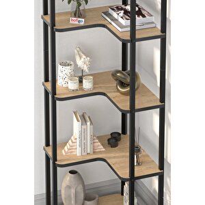 6 Raflı Kitaplık Dekoratif Kitaplık Metal Kitaplık Ofis Kitaplığı Aksesuar Rafı Sardes Safir Meşe