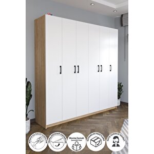 6 Kapaklı 16 Raflı Gardırop Elbise Dolabı 6 Kapaklı Gardırop Smyrna Safir Meşe Beyaz