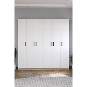 6 Kapaklı 16 Raflı Gardırop Elbise Dolabı 6 Kapaklı Gardırop Smyrna Safir Meşe Beyaz