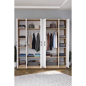 6 Kapaklı 16 Raflı Gardırop Elbise Dolabı 6 Kapaklı Gardırop Smyrna Safir Meşe Beyaz