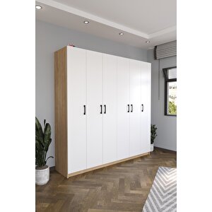 Bofigo 6 Kapaklı 16 Raflı Gardırop Elbise Dolabı 6 Kapaklı Gardırop Smyrna Safir Meşe Beyaz