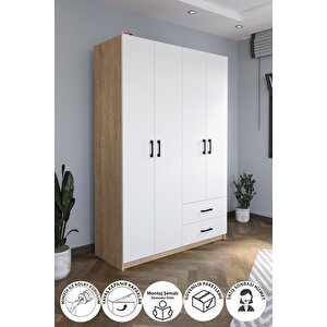 4 Kapaklı 2 Çekmeceli 5 Raflı Gardırop Elbise Dolabı 4 Kapaklı Gardırop Smyrna Safir Meşe Beyaz