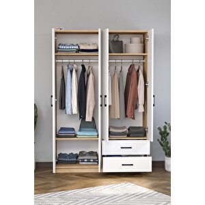 4 Kapaklı 2 Çekmeceli 5 Raflı Gardırop Elbise Dolabı 4 Kapaklı Gardırop Smyrna Safir Meşe Beyaz