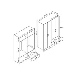4 Kapaklı 2 Çekmeceli 5 Raflı Gardırop Elbise Dolabı 4 Kapaklı Gardırop Smyrna Safir Meşe Beyaz