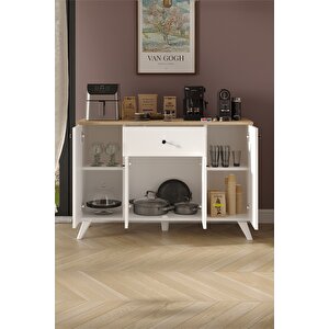 4 Kapaklı Dolap Çekmeceli Çok Amaçlı Dolap Mutfak Dolabı Kahve Köşesi Kiler İlayda Safir Meşe Beyaz