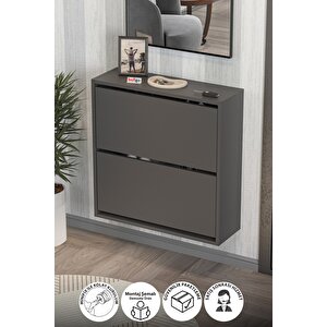 Düşer Kapak Ayakkabılık 2 Bölmeli Kayar Raflı Ayakkabılık Duvara Monte Ayakkabılık Peri Antrasit