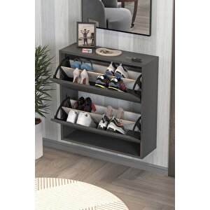 Düşer Kapak Ayakkabılık 2 Bölmeli Kayar Raflı Ayakkabılık Duvara Monte Ayakkabılık Peri Antrasit