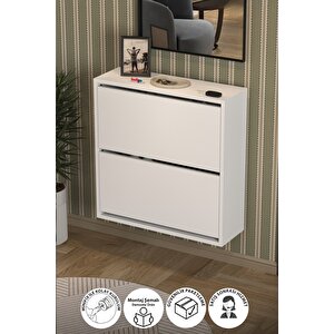 Düşer Kapak Ayakkabılık 2 Bölmeli Kayar Raflı Ayakkabılık Duvara Monte Ayakkabılık Peri Beyaz