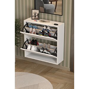 Düşer Kapak Ayakkabılık 2 Bölmeli Kayar Raflı Ayakkabılık Duvara Monte Ayakkabılık Peri Beyaz