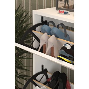 Düşer Kapak Ayakkabılık 2 Bölmeli Kayar Raflı Ayakkabılık Duvara Monte Ayakkabılık Peri Beyaz