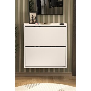 Düşer Kapak Ayakkabılık 2 Bölmeli Kayar Raflı Ayakkabılık Duvara Monte Ayakkabılık Peri Beyaz