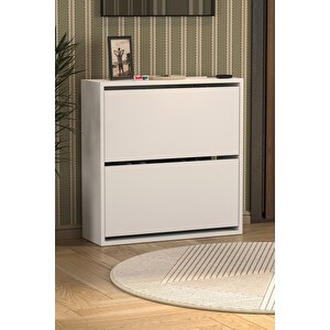 Düşer Kapak Ayakkabılık 2 Bölmeli Kayar Raflı Ayakkabılık Duvara Monte Ayakkabılık Peri Beyaz