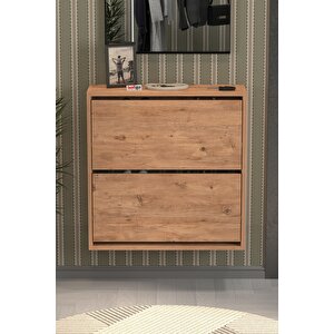 Düşer Kapak Ayakkabılık 2 Bölmeli Kayar Raflı Ayakkabılık Duvara Monte Ayakkabılık Peri Çam