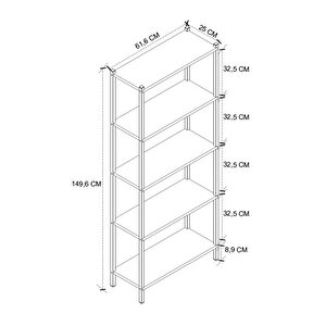 5 Raflı Kitaplık Dekoratif Kitaplık Metal Kitaplık Ofis Kitaplığı Aksesuar Rafı Efes Safir Meşe