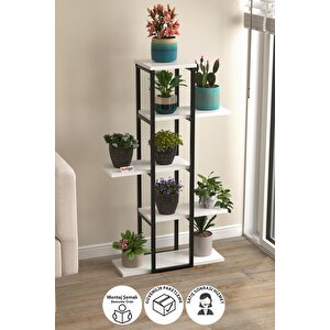 5 Raflı Çiçeklik Rafı Saksılık Standı Dekoratif Aksesuar Rafı Saksılık Papatya Beyaz