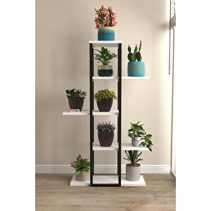 5 Raflı Çiçeklik Rafı Saksılık Standı Dekoratif Aksesuar Rafı Saksılık Papatya Beyaz