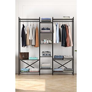 10 Raflı Metal Gardırop Metal Portmanto Açık Gardırop Elbise Dolabı Vestiyer Openix Antrasit