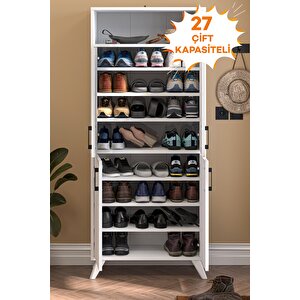 4 Kapaklı Ayakkabılık 9 Bölmeli Ayakkabılık Çok Amaçlı Dolap Beste Beyaz