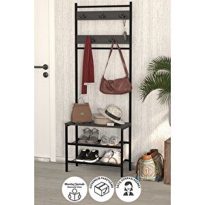 3 Raflı Metal Portmanto Elbise Askılığı Vestiyer Ayakkabılık Samanyolu Antrasit