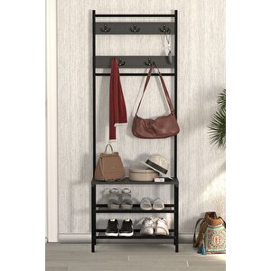 3 Raflı Metal Portmanto Elbise Askılığı Vestiyer Ayakkabılık Samanyolu Antrasit