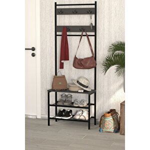 3 Raflı Metal Portmanto Elbise Askılığı Vestiyer Ayakkabılık Samanyolu Antrasit