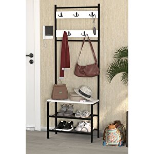 3 Raflı Metal Portmanto Elbise Askılığı Vestiyer Ayakkabılık Samanyolu Beyaz