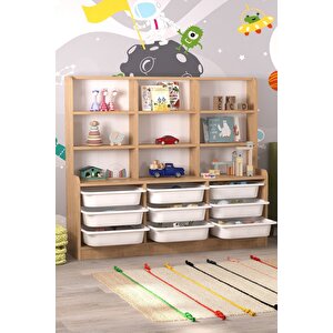 9 Sepetli 9 Raflı Dolap Çok Amaçlı Dolap Oyuncak Dolabı Almina Safir Meşe