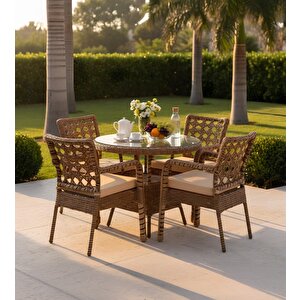 Alaçatı 4 Kişilik Rattan Bahçe Balkon Mutfak Masa Takımı Kahve