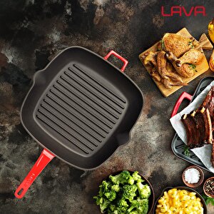 Lava Döküm Kare Izgara Tava Döküm Demir Yekpare Saplı Ölçü 28x28cm.