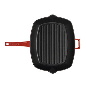 Döküm Dikdörtgen Izgara Tava Döküm Demir Yekpare Saplı Ölçü 26x32cm. Kırmızı