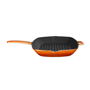 Döküm Dikdörtgen Izgara Tava Döküm Demir Yekpare Saplı Ölçü 26x32cm. Turuncu