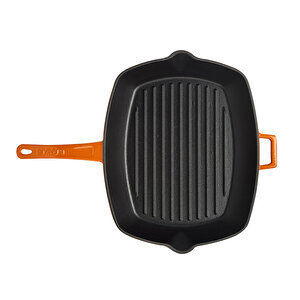 Döküm Dikdörtgen Izgara Tava Döküm Demir Yekpare Saplı Ölçü 26x32cm. Turuncu