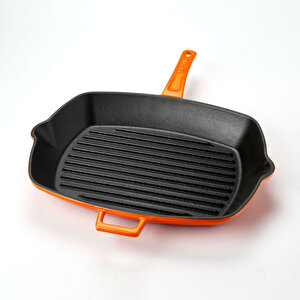 Döküm Dikdörtgen Izgara Tava Döküm Demir Yekpare Saplı Ölçü 26x32cm. Turuncu