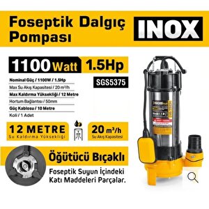 Sgs5375 - 12 Metre 1.5 Hp İnox Foseptik Dalgıç Pompa Parçalayıcı Öğütücü Bıçaklı 1100 Watt