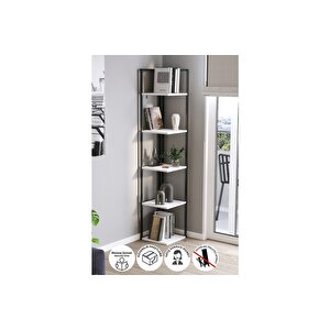 5 Raflı Metal Köşe Kitaplık Rafı Dekoratif Aksesuar Rafı Selanik 180 Cm Beyaz