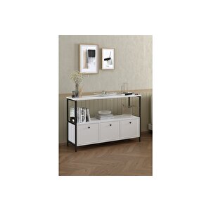 3 Kapaklı Konsol Tv Ünitesi Dresuar Çok Amaçlı Konsol Kahve Köşesi Beyaz