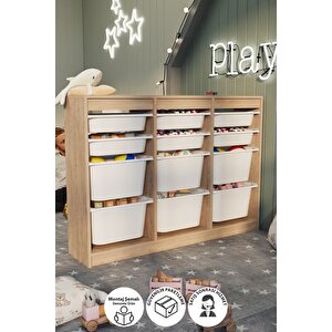 12 Sepetli Dolap Çok Amaçlı Dolap Oyuncak Dolabı Lara Safir Meşe