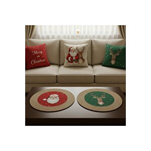 2026 Yeni Yılbaşı Temalı 3'lü Keten Kırlent Kılıfı Seti Ve El Yapımı 2'li Jüt Supla - Yılbaşı Konsepti 45x45 cm